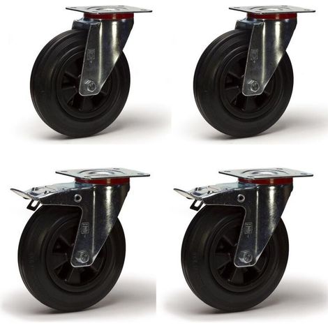 Ruedas y rodillos 2GT – Juego de 4 ruedas giratorias de goma negra con freno, 100 mm – Capacidad de carga 210 kg – Para suelos irregulares – Placa de montaje 105 x 80 mm