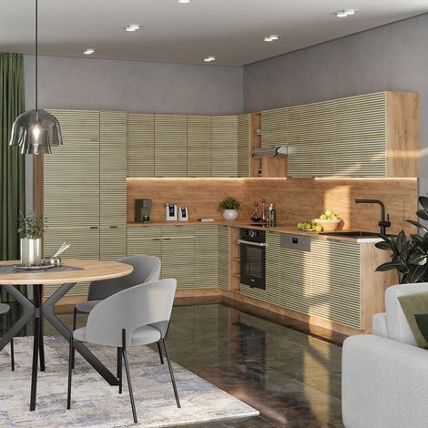 Cucina angolare completa Fame-Line, Pannello in rovere/rovere goldkraft, 347 x 257 cm senza piano di lavoro, Vicco