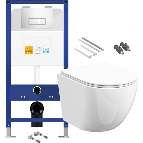 Gloss White Rimless D Shape Wall Hung Toilet with 1.10m Concealed Cistern Frame Set - Chrome Plate (1/4)