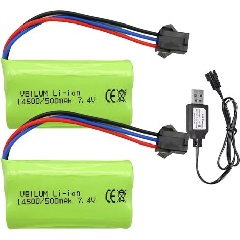 Batería de iones de litio SM-3P de 7,4 V y 500 mAh (3,7 Wh) con cable de carga USB para coche teledirigido MN82 Rock Crawler LC79 1/12 RC Truck y 1/16 RC Drift Car (2 unidades).