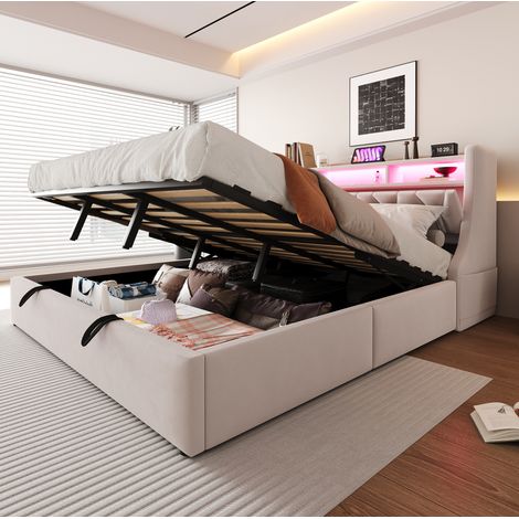 Polsterbett 180x200 cm aus beigem Samt mit Stauraum und LED-Kopfteil (1/5)