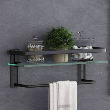 Glass bathroom shelf with towel rack, black, rustproof wall mount, 1-tier towel rack (black) (1/5)