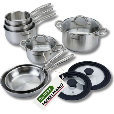 Poêles à Frire 24 et 28 cm, Casseroles 14 16 et 18 cm, Faitouts 20 et 24 cm inox 18/10 Triply et 2 couvercles Fackelmann Vita3 (1/5)