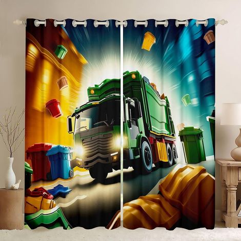 Lot de 2 rideaux de fenêtre pour adultes et enfants - Taille XL - Motif camion poubelle - Vert - 245 x 140 cm - 245x140cm (HxB) (1/5)