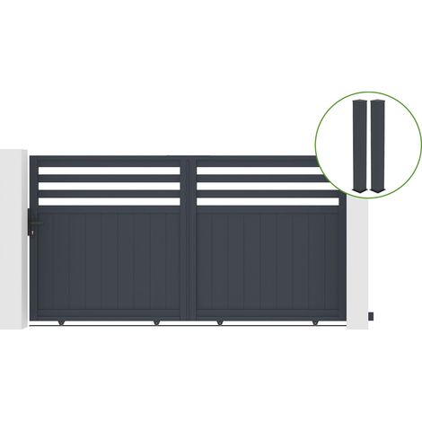 Portail coulissant 3m NEVIS H.160cm alu gris + 2 poteaux 20x20cm H.190cm (1/5)