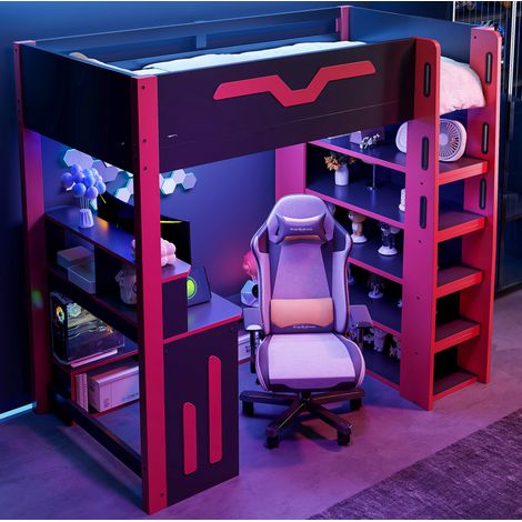 Letto a soppalco moderno in MDF e compensato nero/rosso 90x200 cm con scrivania, scaffali, scala contenitore e LED