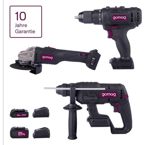 Gomag 20V Set Bohrschrauber, Winkelschleifer, Bohrhammer, 2 Akkus, 2 Lader (1/5)