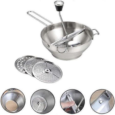 Hachoir à aliments rotatif en acier inoxydable de 21 cm avec tamis et râpe, et 3 filtres. (1/5)