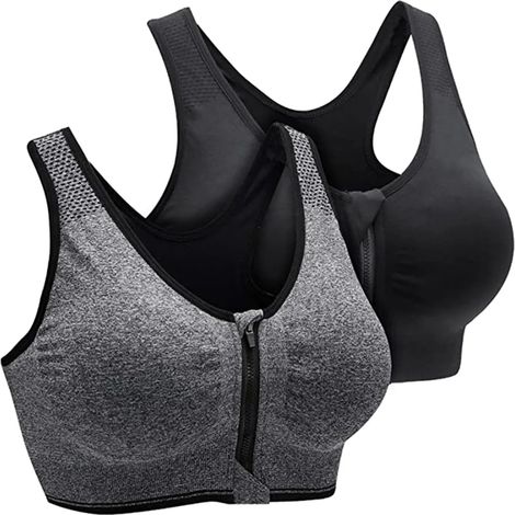 Soutien-gorge de sport pour femme avec fermeture éclair sur le devant, sans armatures, post-opératoire, Active Yoga, taille L, gris et noir (1/5)