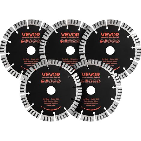 VEVOR Disco de Corte de Diamante 160 mm, Juego de 5 Piezas, Disco para Rozadora de Pared con Segmentos 2 mm, Eje 22,2 mm para Ladrillo Cableado Mampostería Tuberías y Hormigón, Núcleo de acero 65Mn (1/5)