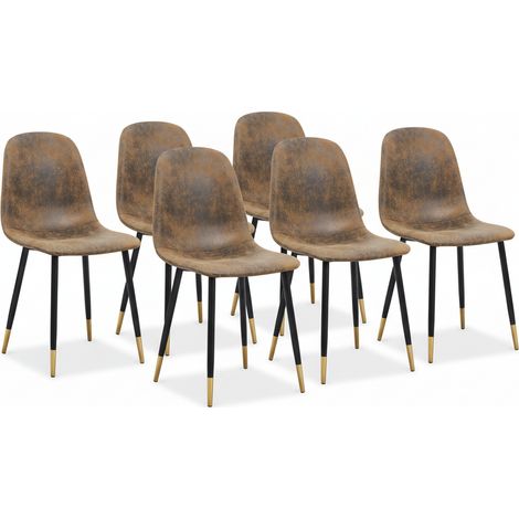 FurnitureR Skandinavische Esszimmerstühle aus Kunstwildleder, gepolsterte Küchenstühle mit Metallbeinen für Esszimmer und Wohnzimmer, braun + schwarz-gold, 6er-Set (1/5)