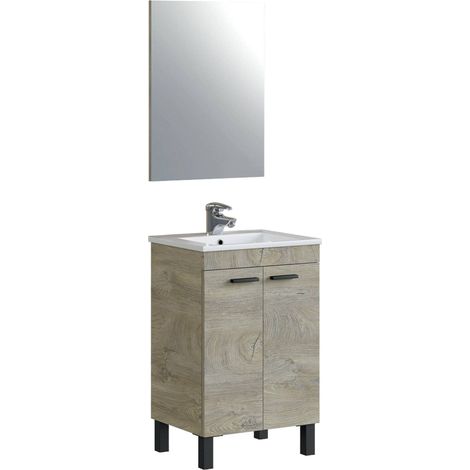 Mobile sottolavabo Naperville, Mobiletto per bagno, Armadio a 2 ante con specchio, lavabo non incluso, 50x40h80 cm, Rovere