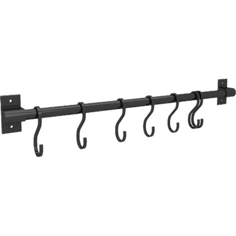 Wandmontierter Utensilienständer 50 cm, Küchenutensilienständer mit 7 beweglichen Haken, Küchenhakenleiste ohne Bohren, geeignet für Küche, Bad und Schlafzimmer (Schwarz) (1/5)