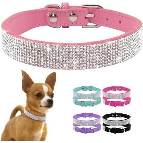 Collier pour Chien - Doux - Taille L - Cuir Suédé - Strass - Rose (1/4)