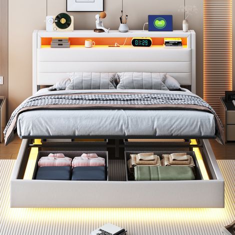 Lit rembourré moderne 140x200 cm avec coffre hydraulique, tête de lit pivotante USB et LED, tissu beige (1/5)