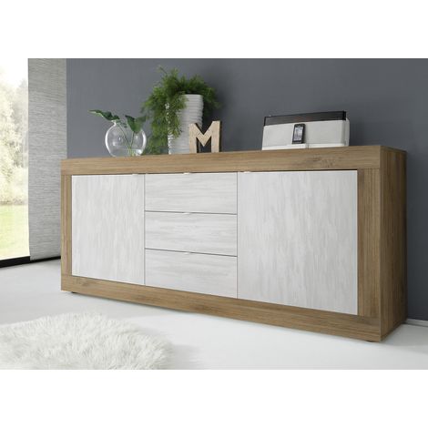 Buffet/bahut moderne 210 cm chêne mercure/blanc structuré Agathe (1/5)