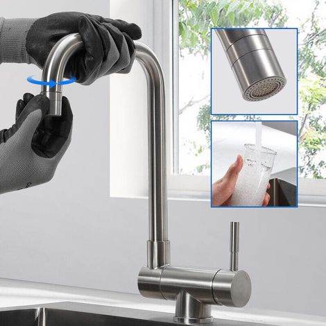 Robinet Cuisine Rabattable avec 2 Jets Modes, Mitigeur Cuisine en Acier Inox 304 Pliable à 180° et Rotatif à 360° Sous Fenêtre Froid et Chaud (1/4)
