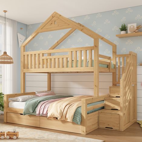 MODFU – Litera infantil 90x200 y 140x200 cm de madera con escalera de almacenamiento, 2 cajones, EN 747 y carga 120/150 kg – Roble (1/5)
