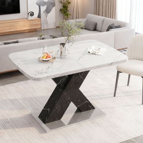 Table à manger rectangulaire extensible 120-160cm,plateau imitation marbre,pieds X noir MDF sur base métallique.