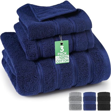 Lot de serviettes en coton éponge 70 x 140 cm + serviette 35 x 75 cm + serviette de visage 35 x 35 cm en 100 % coton pour salle de bain, sauna et invités (bleu marine) (1/5)