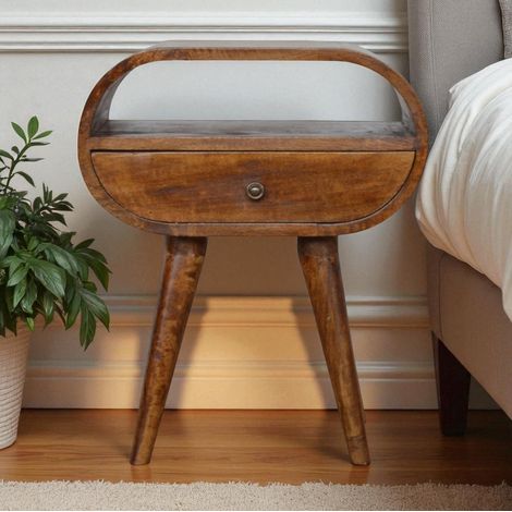 Table de chevet scandinave en bois massif de manguier finition châtaignier marron, 1 tiroir et 1 niche