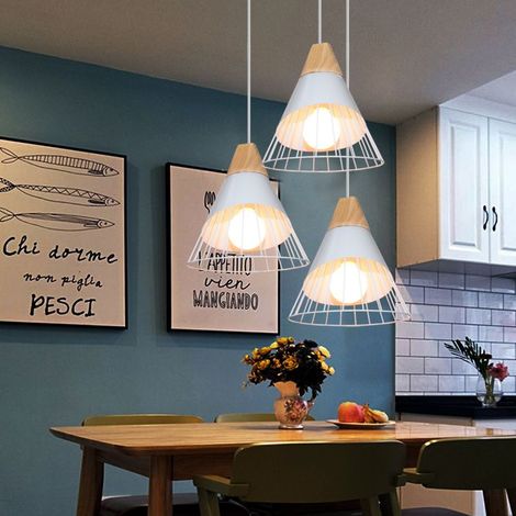 Lot de 3 Lustre Suspension Industrielle E27 Cage en Fer et Bois Luminaire Style Contemporain pour Chambre Salon Cuisine Blanc (1/5)