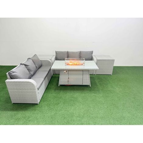 Fimous Outdoor Garden Furniture Sets 6 Seater Wicker Rattan Furniture Sofa Sets with Firepit Dining Table high Back Lounge Sofa 2 Side Table Light Grey (1/4)