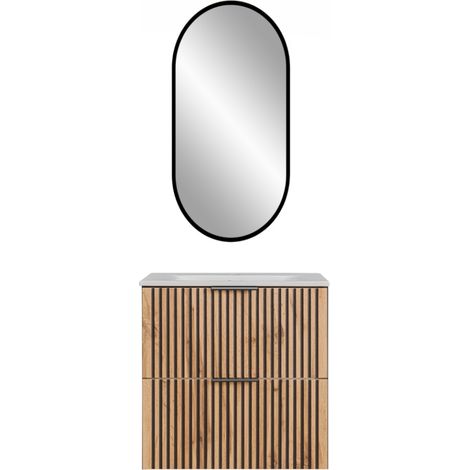 Meuble vasque à encastrer + miroir LED - 60 cm - Sylve Black Wotan - Livraison gratuite