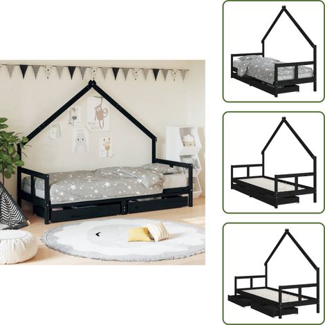 Kinderbett mit Schubladen Schwarz 80x200 cm Massivholz Kiefer - Kinderbett - Holzkinderbett - Kiefernholzkinderbett - Kinderzimmer Dekoration - Spielkinderschlafplatz (1/5)