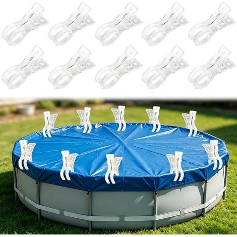 10 Pièces Pince Bache Piscine, Pinces de Piscine, Pinces à Ressort avec Protection, Forte Fixation pour Piscines Hors Sol, Bâches, Serres (1/5)