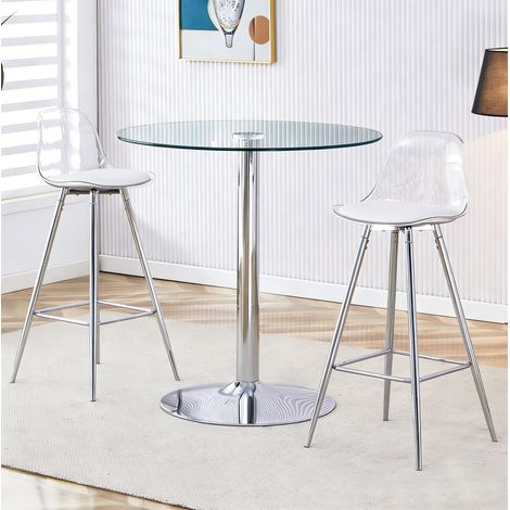 Set de bar con mesa redonda de vidrio de 89 cm y 2 taburetes, estructura metálica plateada (1/5)