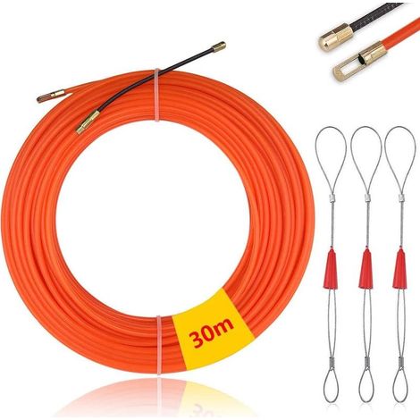30 m long nylon wire pulling needle, Φ 4 mm, with 3 flexible guide heads, electrician's wire pulling needle, cable puller, wire pulling aid for electrical wires, cable pulling aid (orange) (1/5)