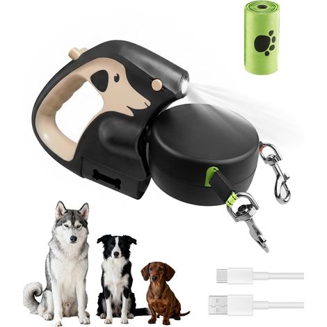 Laisse double rétractable de 1 m de long pour chiens, rotative à 360°, idéale pour les promenades avec 2 chiens de petite et moyenne taille, poignée antidérapante, anti-nœuds, lumière LED et distribut (1/5)