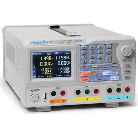 PeakTech P 6181 Alimentatore da banco a 2 canali, 0-30 V, 0-6 A, con display a colori TFT, risoluzione 1 mA e 1 mV, logger dati, rete LAN, USB, RS-232, seriale, parallelo, 15 W, 240 V (1/4)