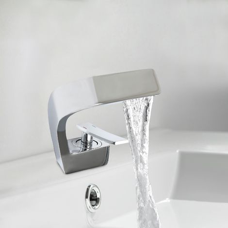 Grifo de baño con efecto cascada, mezclador de lavabo, moderno, grifo de baño, mezclador de lavabo, elegante para el baño, plateado (1/5)