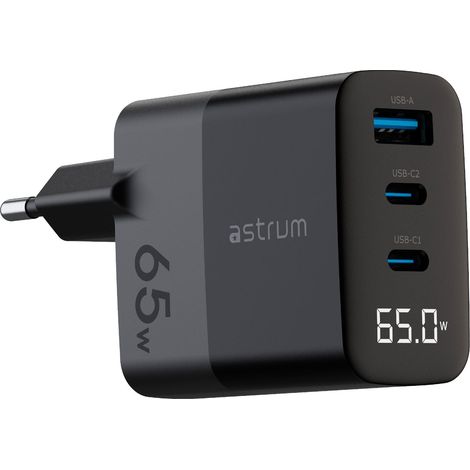 ASTRUM WATZ 65G NEGRO / ADAPTADOR DE CORRIENTE CON PANTALLA LED INTEGRADA / 65W / 1 PUERTO USB-A Y 2 PUERTOS USB-C