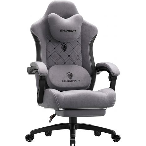 Fauteuil gaming ergonomique gris, massant chauffant, inclinable 90-135°, coussin lombaire, appui-tête (1/5)