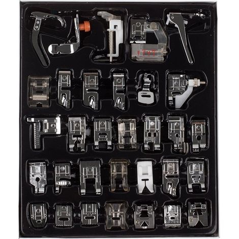 Ce kit de 32 pieds-de-biche professionnels pour machines à coudre comprend un kit de pieds-de-biche à poignée inférieure clipsable, compatible avec les machines à coudre de marques telles que Brother