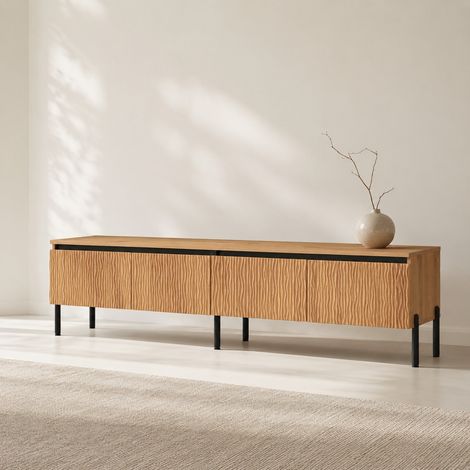 Mueble TV 180x35x43 cm natural con 4 puertas onduladas y paso de cables (1/5)