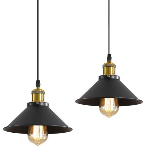 Lot de 2 Suspensions Industrielles Vintage – Lampes Plafond 22 cm Noir E27 (1/5)