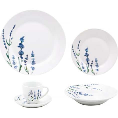 Service 30 pièces en porcelaine blanche – Assiettes plates 27 cm, creuses 20 cm, à dessert 19 cm – Décor lavande – Compatible lave-vaisselle et micro-onde – Trend