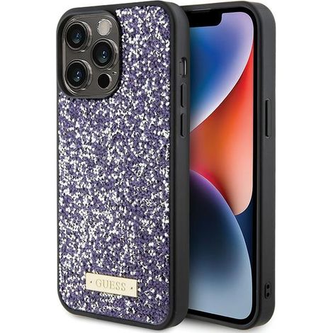 Cover per iPhone 15 Pro con logo Guess in metallo e strass, colore viola. (1/5)