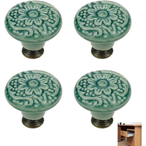 Lot de 4 boutons de tiroir et de meuble vintage en céramique verte 34x33 mm (1/5)