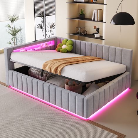 CHICFURN Letto contenitore 140x200 cm in velluto grigio con LED, USB e vano portaoggetti (1/5)