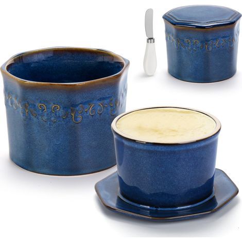 280 ml Butterdose für die Arbeitsplatte mit Wasserlinie, große französische Butterdose mit Deckel und Spatel, Butterdose aus Keramik für weiche, streichfähige Butter (blau) (1/5)