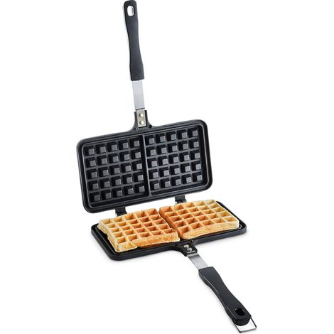 Gaufrier supérieur - Double gaufrier en aluminium moulé sous pression avec revêtement intérieur antiadhésif pour un nettoyage facile, poignée en bakélite et loquet de fermeture - Pour gaufres maison s (1/5)