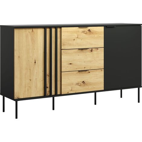 Buffet design IZO – 2 porte & 3 cassetti – Nero onice & Rovere chiaro – 165x92x40 cm