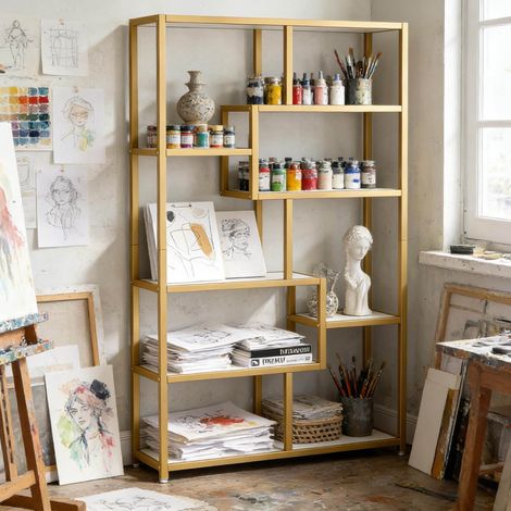 Estantería librería 100x20x180 cm blanco y dorado en metal y efecto mármol con 8 baldas abiertas (1/5)