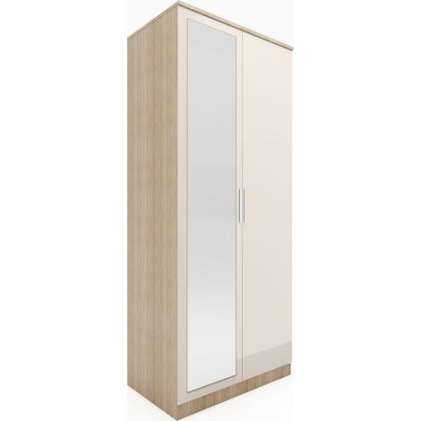 ELEGANT Wardrobes, Modern Bedroom Furniture, 2 Doors High Gloss Wardrobe with Mirror, Soft Close Hinge Mirrored Wardrobe Cabinet, with Hanging Rod and Storage Shelves, Cream/oak, 760x470x1800mm