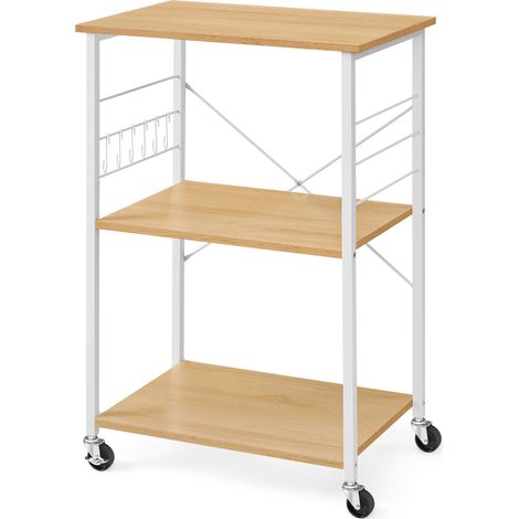 Vasagle – Desserte de cuisine à roulettes – Chariot 3 niveaux 40x60x89 cm – Support micro-ondes et four – Cadre métal avec 6 crochets – Doré chêne et blanc nuage